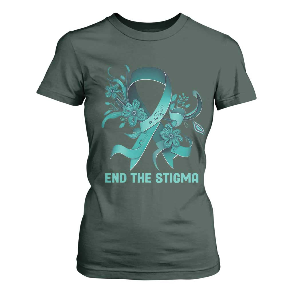 Sexual Assault Awareness T Shirt For Women End The Stigma Teal Floral Ribbon TS02 Dark Forest Green Print Your Wear