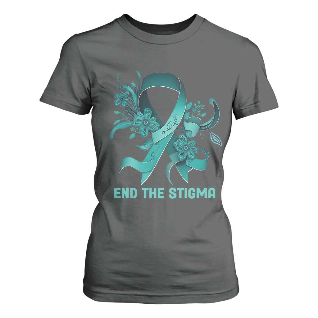 Sexual Assault Awareness T Shirt For Women End The Stigma Teal Floral Ribbon TS02 Dark Heather Print Your Wear