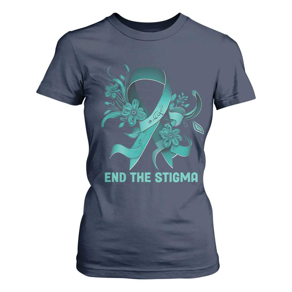 Sexual Assault Awareness T Shirt For Women End The Stigma Teal Floral Ribbon TS02 Navy Print Your Wear