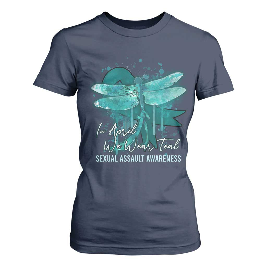 Sexual Assault Awareness T Shirt For Women In April We Wear Teal Ribbon Butterfly TS02 Navy Print Your Wear