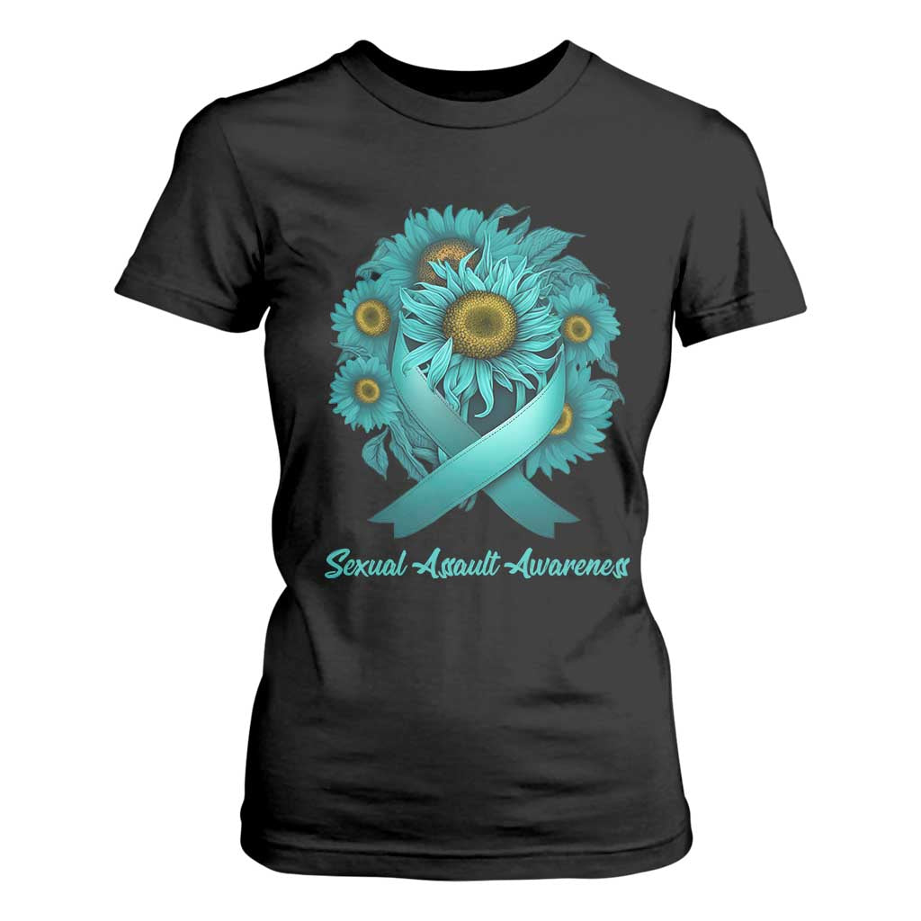 Sexual Assault Awareness T Shirt For Women Teal Ribbon Sunflowers Support TS02 Black Print Your Wear