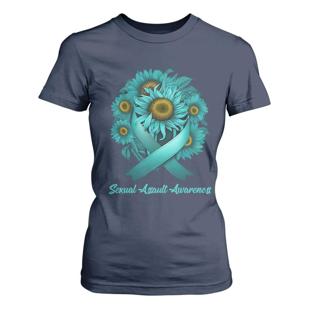 Sexual Assault Awareness T Shirt For Women Teal Ribbon Sunflowers Support TS02 Navy Print Your Wear