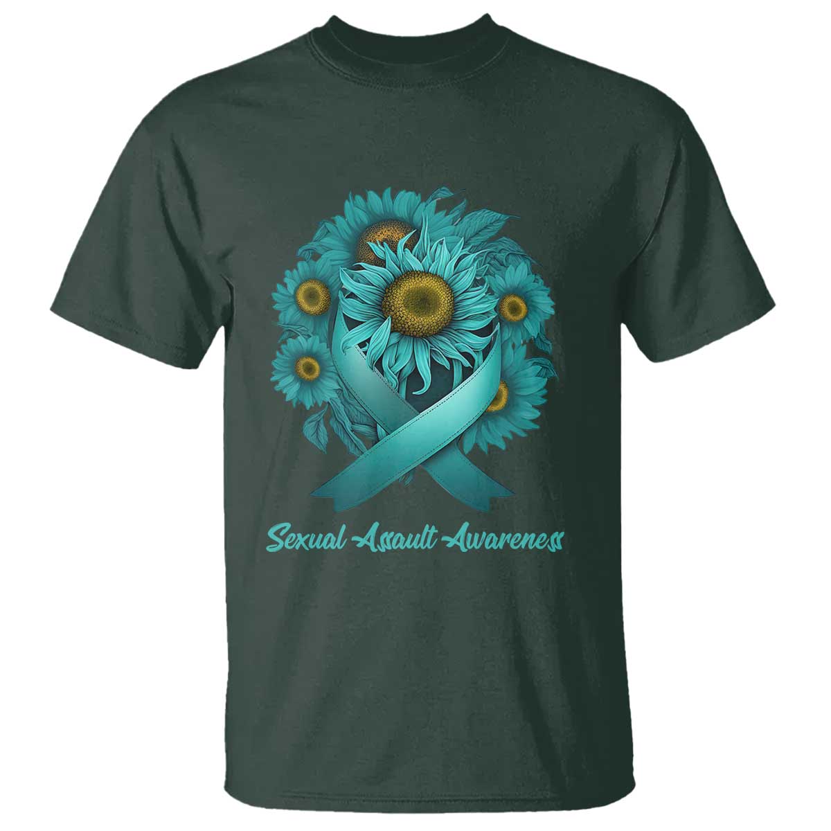 Sexual Assault Awareness T Shirt Teal Ribbon Sunflowers Support TS02 Dark Forest Green Print Your Wear