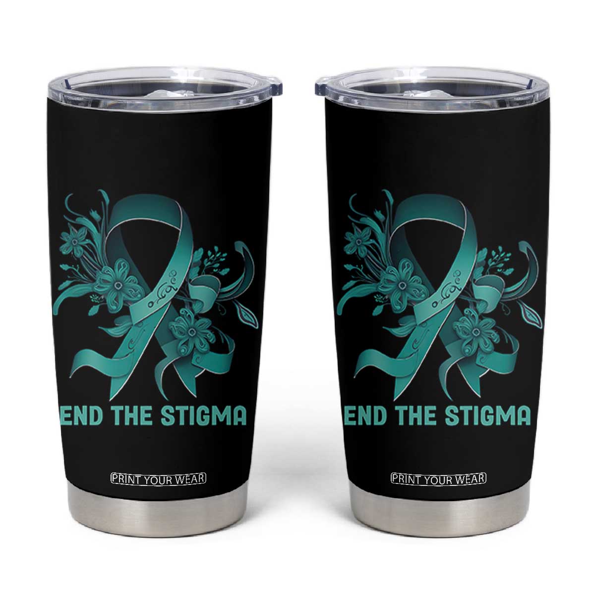 Sexual Assault Awareness Tumbler Cup End The Stigma Teal Floral Ribbon TS02 Black Print Your Wear
