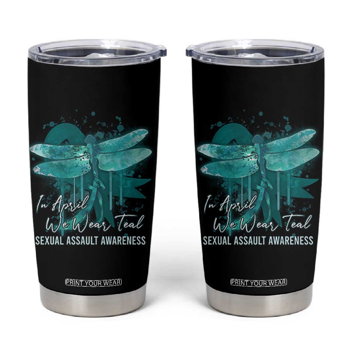 Sexual Assault Awareness Tumbler Cup In April We Wear Teal Ribbon Butterfly TS02 Black Print Your Wear