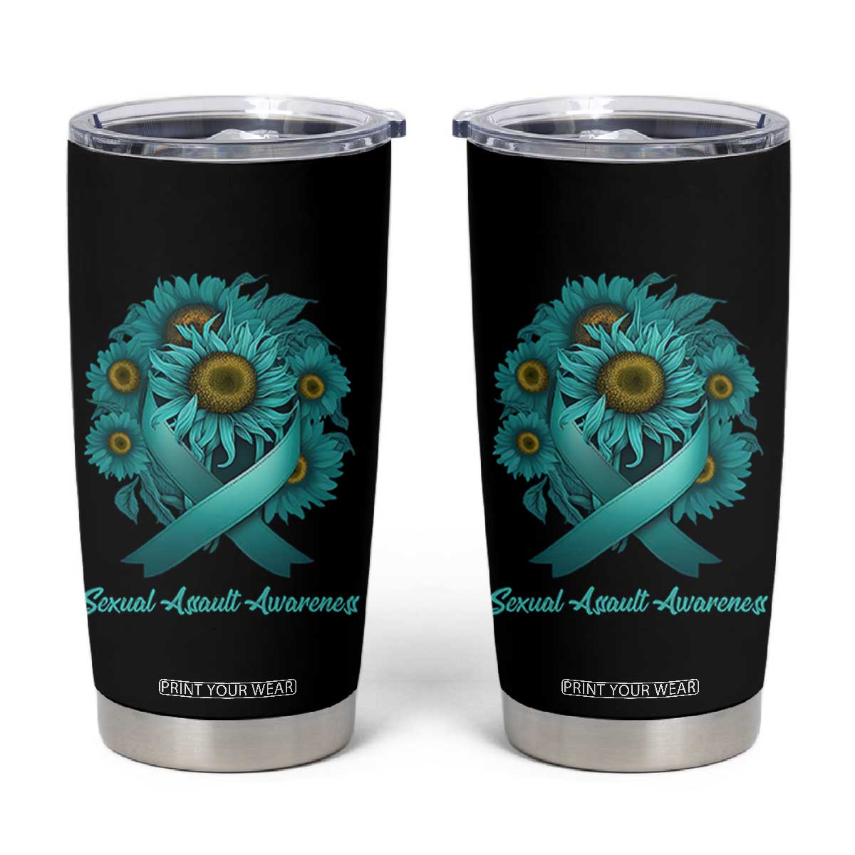 Sexual Assault Awareness Tumbler Cup Teal Ribbon Sunflowers Support TS02 Black Print Your Wear