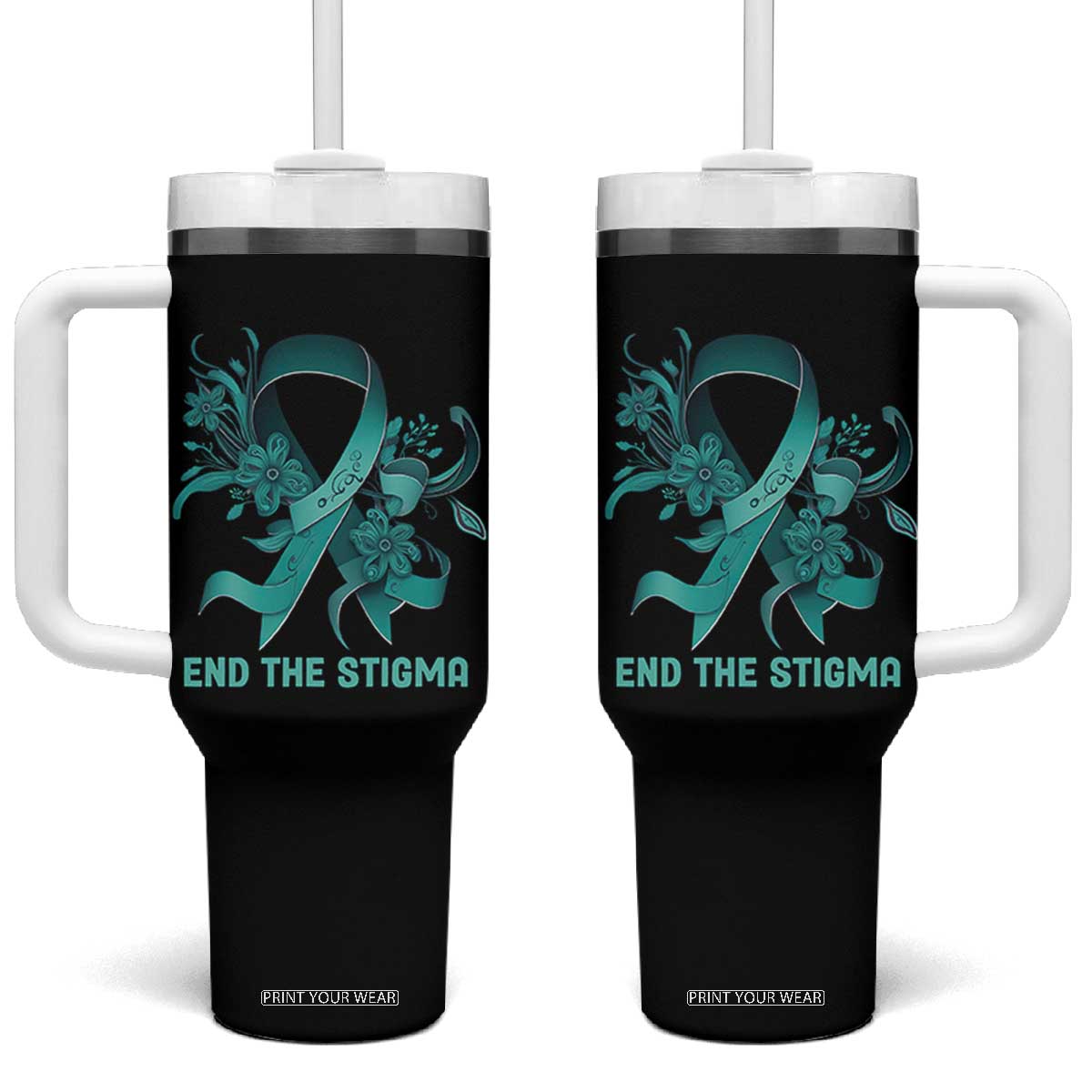 Sexual Assault Awareness Tumbler With Handle End The Stigma Teal Floral Ribbon TS02 One Size: 40 oz Black Print Your Wear