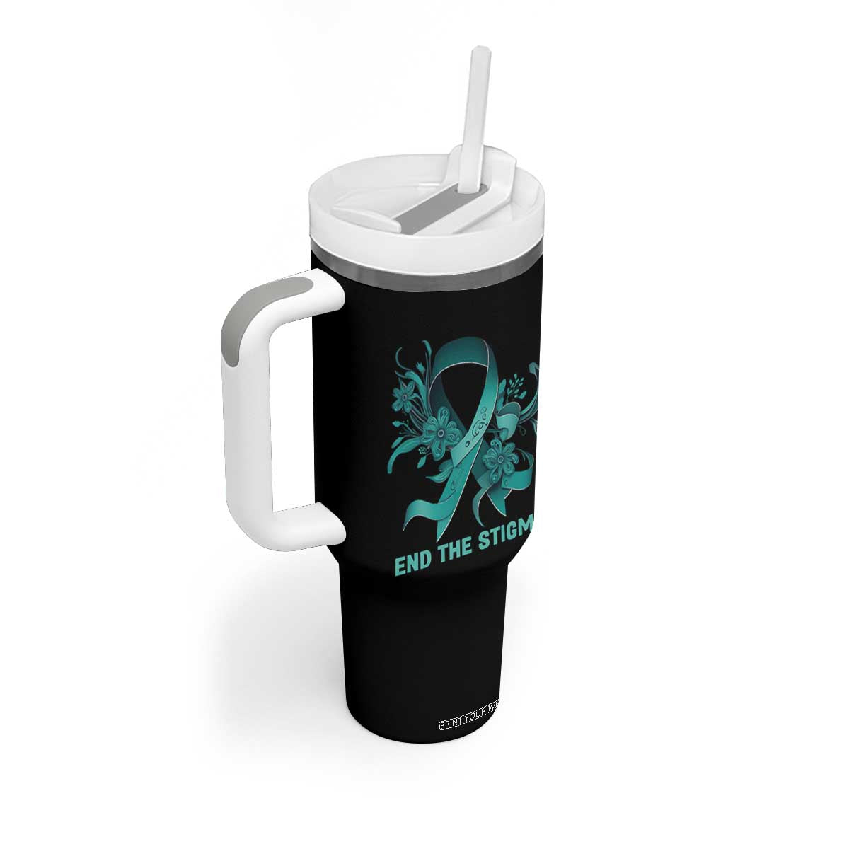Sexual Assault Awareness Tumbler With Handle End The Stigma Teal Floral Ribbon TS02 Print Your Wear