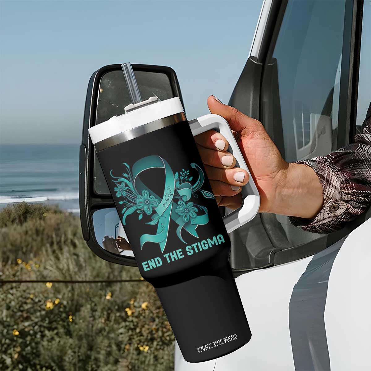 Sexual Assault Awareness Tumbler With Handle End The Stigma Teal Floral Ribbon TS02 Print Your Wear