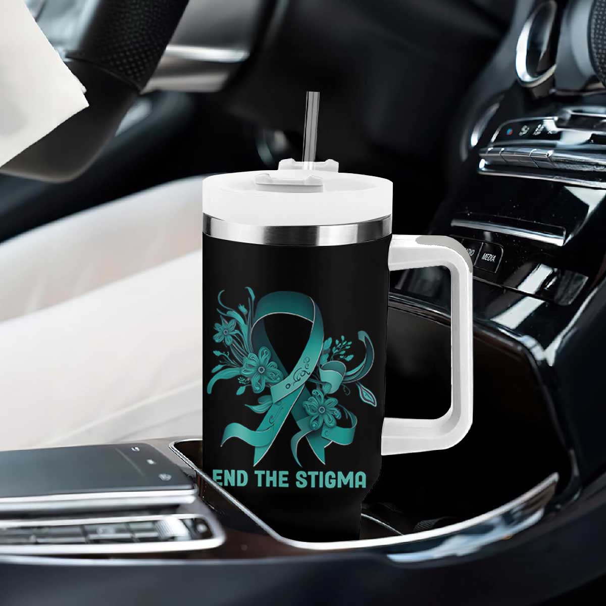 Sexual Assault Awareness Tumbler With Handle End The Stigma Teal Floral Ribbon TS02 Print Your Wear