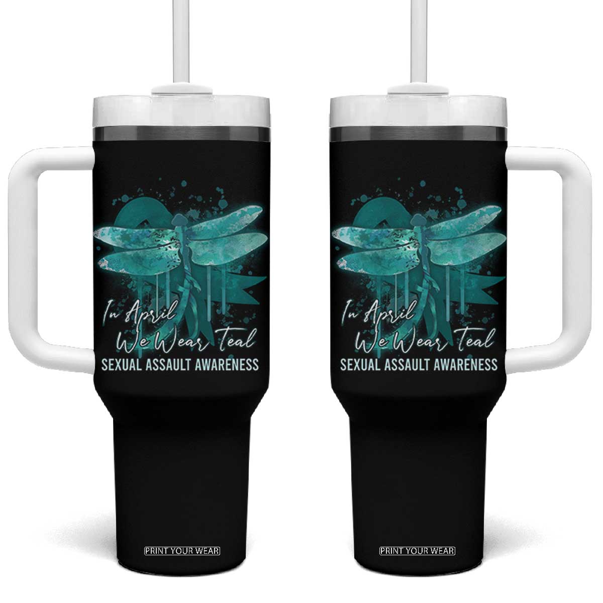 Sexual Assault Awareness Tumbler With Handle In April We Wear Teal Ribbon Butterfly TS02 One Size: 40 oz Black Print Your Wear