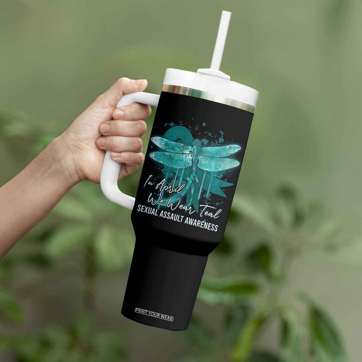 Sexual Assault Awareness Tumbler With Handle In April We Wear Teal Ribbon Butterfly TS02 Print Your Wear