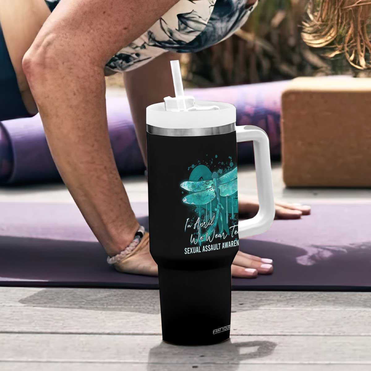 Sexual Assault Awareness Tumbler With Handle In April We Wear Teal Ribbon Butterfly TS02 Print Your Wear