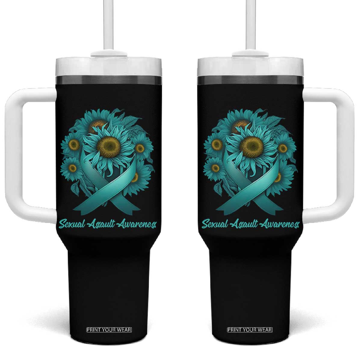 Sexual Assault Awareness Tumbler With Handle Teal Ribbon Sunflowers Support TS02 One Size: 40 oz Black Print Your Wear
