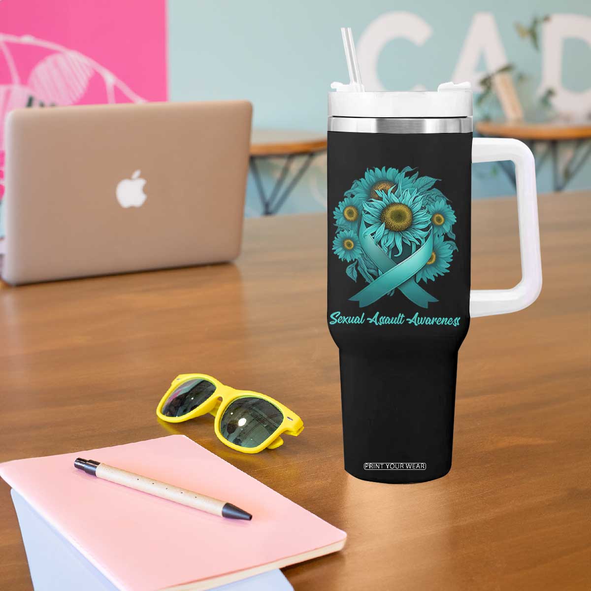 Sexual Assault Awareness Tumbler With Handle Teal Ribbon Sunflowers Support TS02 Print Your Wear