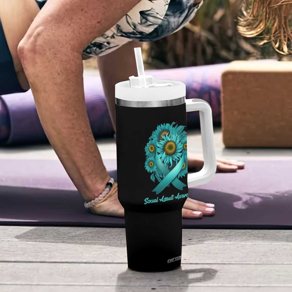 Sexual Assault Awareness Tumbler With Handle Teal Ribbon Sunflowers Support TS02 Print Your Wear