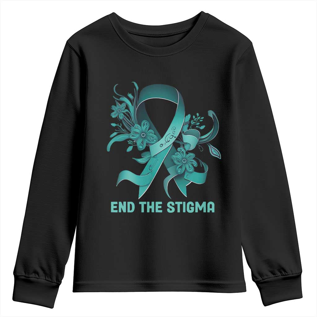 Sexual Assault Awareness Youth Sweatshirt End The Stigma Teal Floral Ribbon TS02 Black Print Your Wear