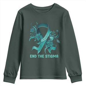Sexual Assault Awareness Youth Sweatshirt End The Stigma Teal Floral Ribbon TS02 Dark Forest Green Print Your Wear