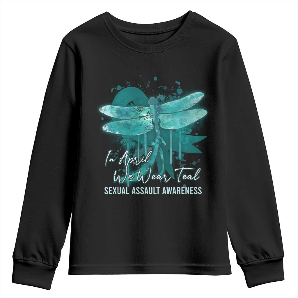 Sexual Assault Awareness Youth Sweatshirt In April We Wear Teal Ribbon Butterfly TS02 Black Print Your Wear