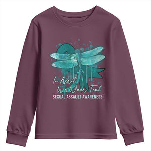 Sexual Assault Awareness Youth Sweatshirt In April We Wear Teal Ribbon Butterfly TS02 Maroon Print Your Wear