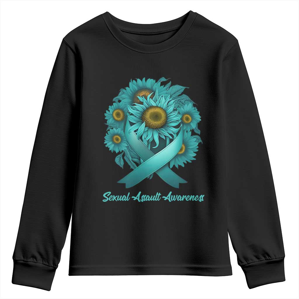 Sexual Assault Awareness Youth Sweatshirt Teal Ribbon Sunflowers Support TS02 Black Print Your Wear