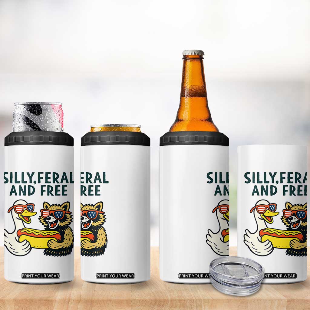 Silly Feral and Free 4 in 1 Can Cooler Tumbler Funny Goose and Raccoon 4th of July Patriotic TS02 Print Your Wear