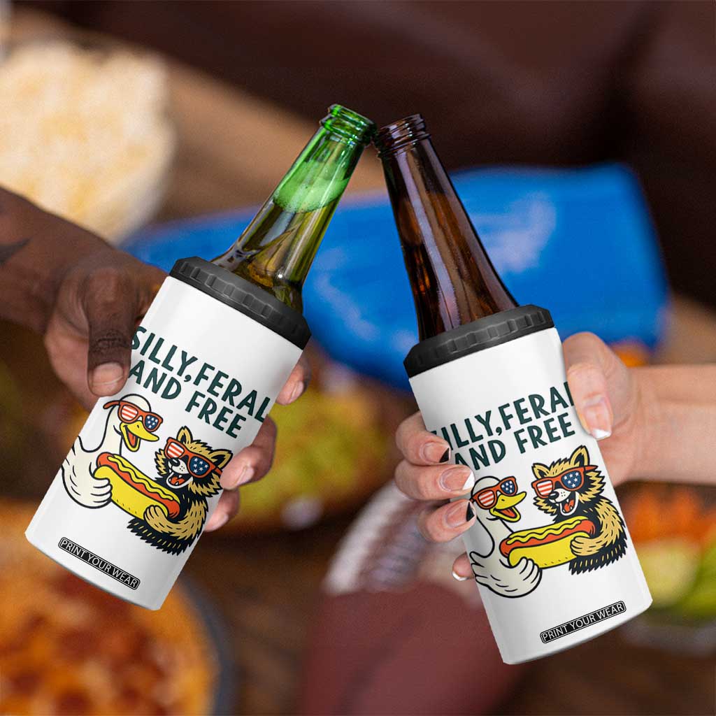 Silly Feral and Free 4 in 1 Can Cooler Tumbler Funny Goose and Raccoon 4th of July Patriotic TS02 Print Your Wear