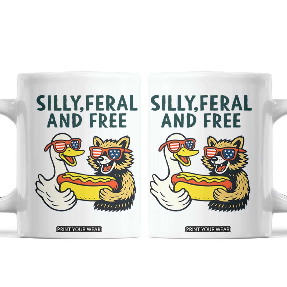 Silly Feral and Free Coffee Mug Funny Goose and Raccoon 4th of July Patriotic TS02 White Print Your Wear