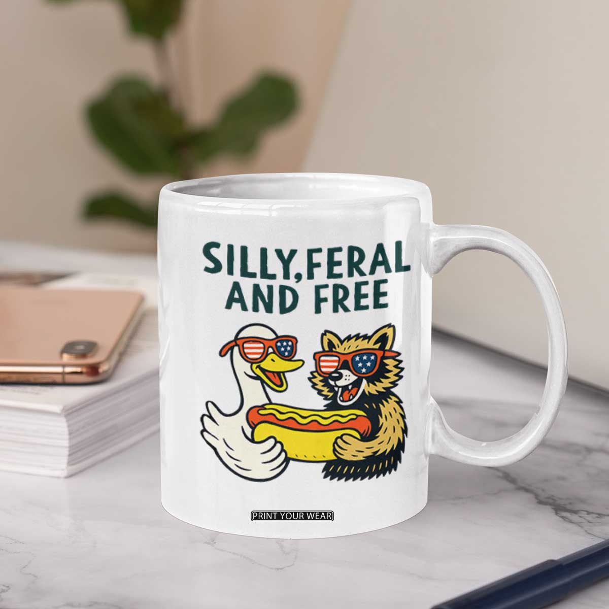 Silly Feral and Free Coffee Mug Funny Goose and Raccoon 4th of July Patriotic TS02 Print Your Wear