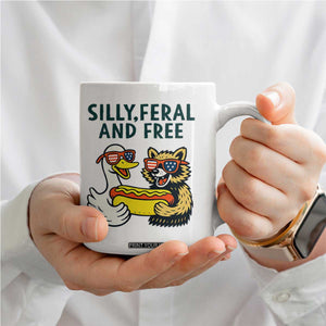 Silly Feral and Free Coffee Mug Funny Goose and Raccoon 4th of July Patriotic TS02 Print Your Wear