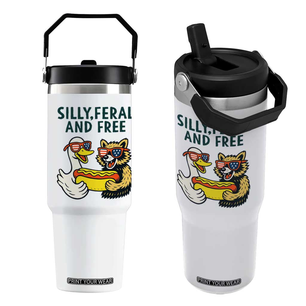 Silly Feral and Free Flip Straw Tumbler Funny Goose and Raccoon 4th of July Patriotic TS02 One Size: 30 oz White Print Your Wear