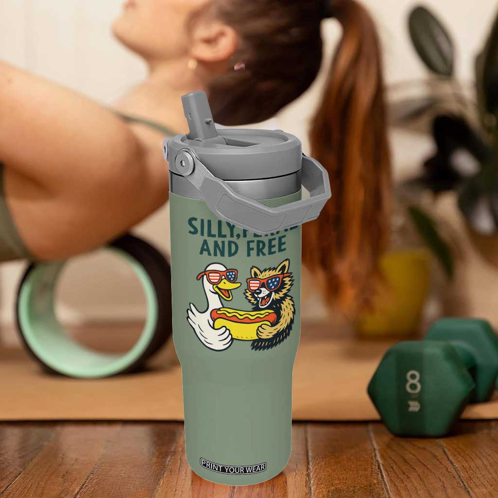 Silly Feral and Free Flip Straw Tumbler Funny Goose and Raccoon 4th of July Patriotic TS02 One Size: 30 oz Moss Green Print Your Wear