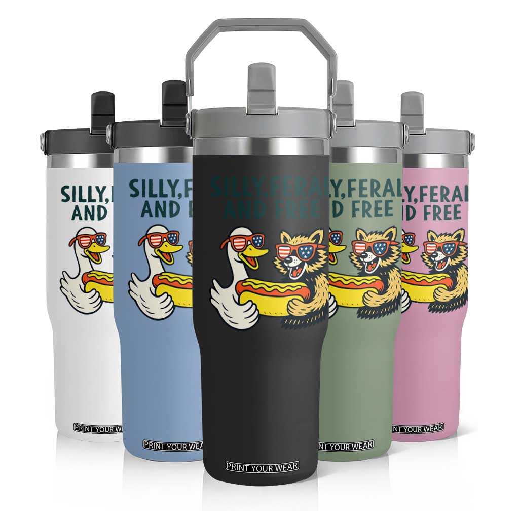 Silly Feral and Free Flip Straw Tumbler Funny Goose and Raccoon 4th of July Patriotic TS02 Print Your Wear