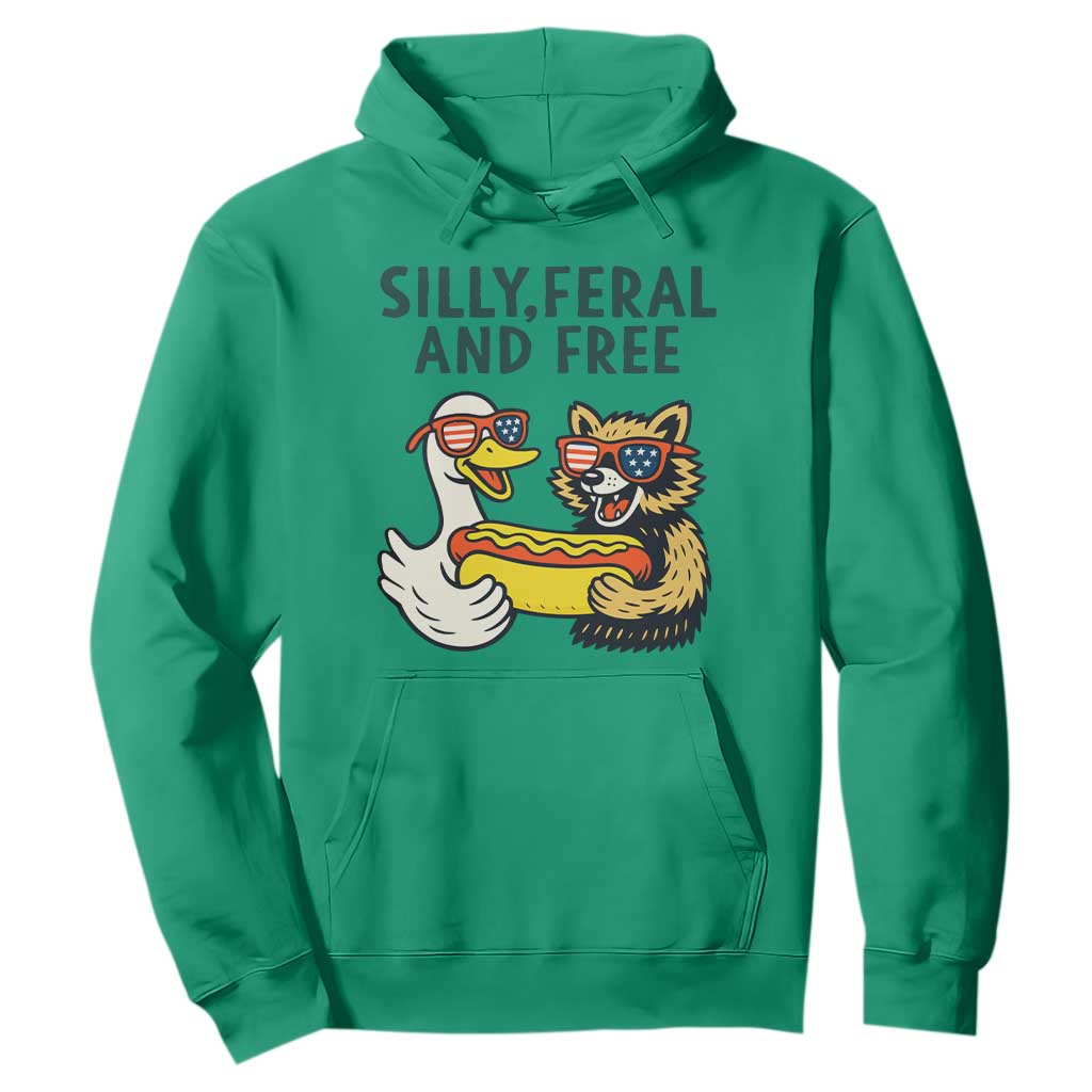 Silly Feral and Free Hoodie Funny Goose and Raccoon 4th of July Patriotic TS02 Irish Green Print Your Wear