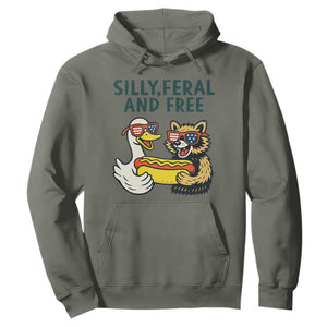 Silly Feral and Free Hoodie Funny Goose and Raccoon 4th of July Patriotic TS02 Military Green Print Your Wear