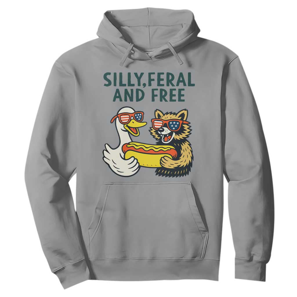 Silly Feral and Free Hoodie Funny Goose and Raccoon 4th of July Patriotic TS02 Sport Gray Print Your Wear