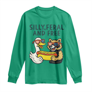 Silly Feral and Free Long Sleeve Shirt Funny Goose and Raccoon 4th of July Patriotic TS02 Irish Green Print Your Wear