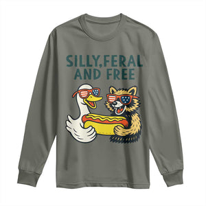 Silly Feral and Free Long Sleeve Shirt Funny Goose and Raccoon 4th of July Patriotic TS02 Military Green Print Your Wear