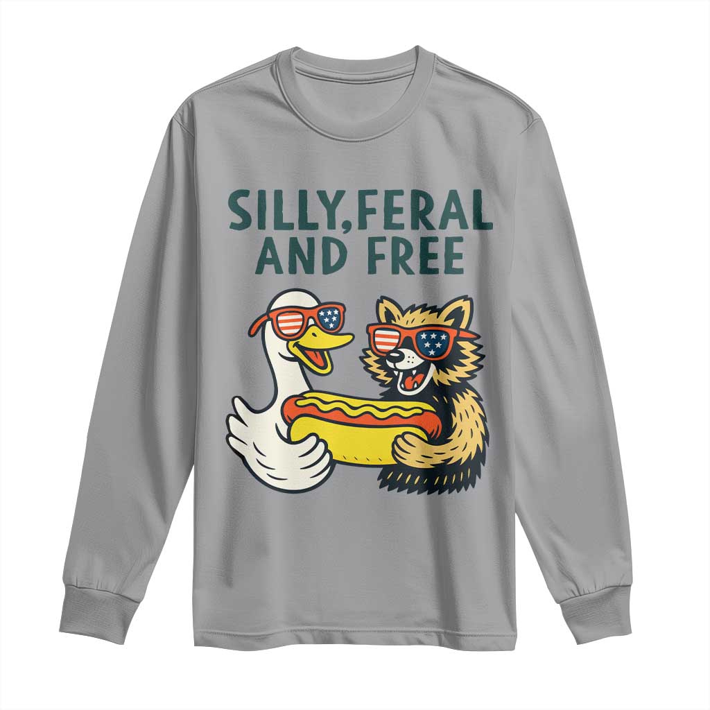 Silly Feral and Free Long Sleeve Shirt Funny Goose and Raccoon 4th of July Patriotic TS02 Sport Gray Print Your Wear