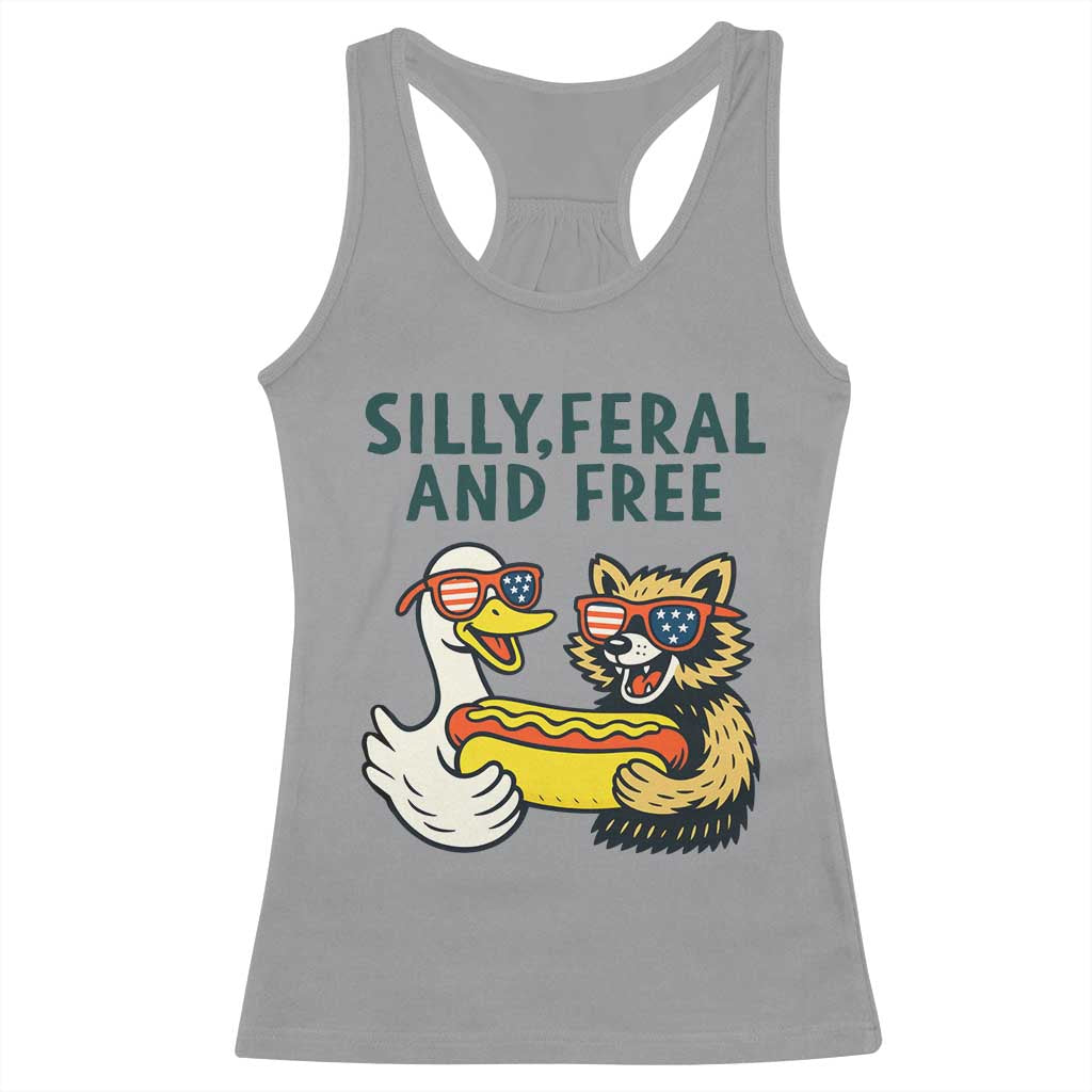 Silly Feral and Free Racerback Tank Top Funny Goose and Raccoon 4th of July Patriotic TS02 Sport Gray Print Your Wear