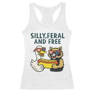 Silly Feral and Free Racerback Tank Top Funny Goose and Raccoon 4th of July Patriotic TS02 White Print Your Wear