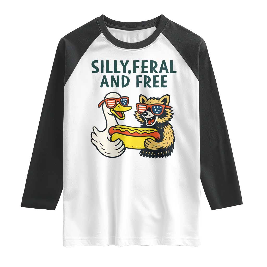 Silly Feral and Free Raglan Shirt Funny Goose and Raccoon 4th of July Patriotic TS02 White Black Print Your Wear