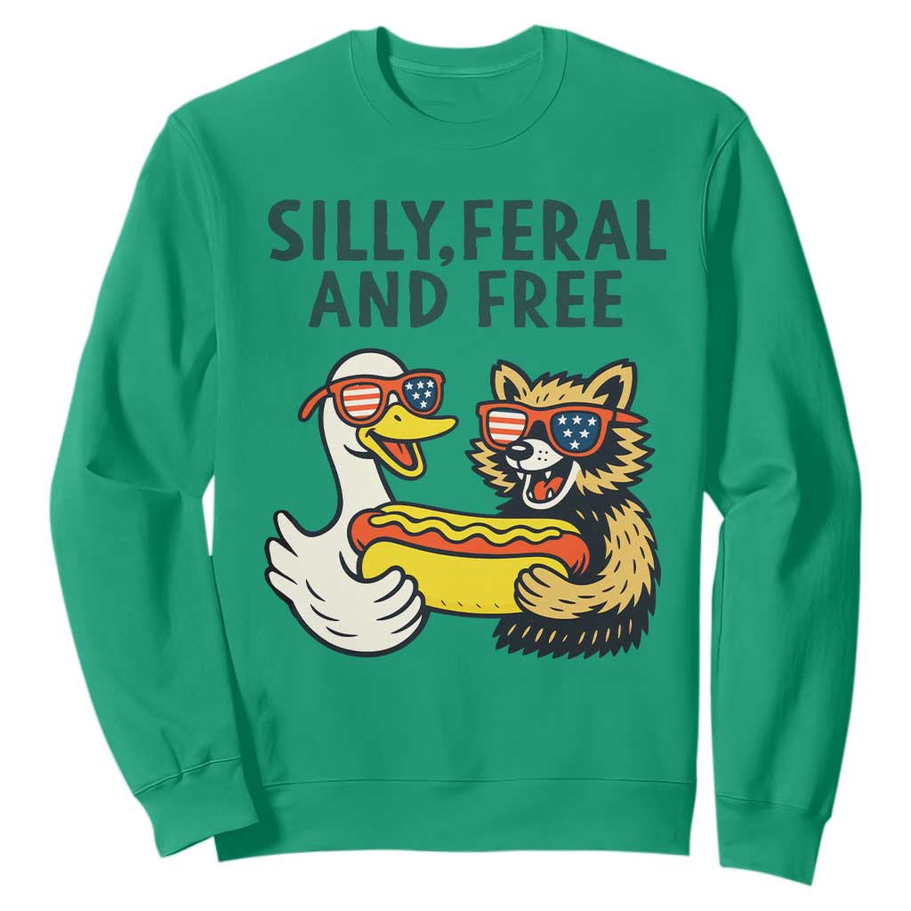Silly Feral and Free Sweatshirt Funny Goose and Raccoon 4th of July Patriotic TS02 Irish Green Print Your Wear