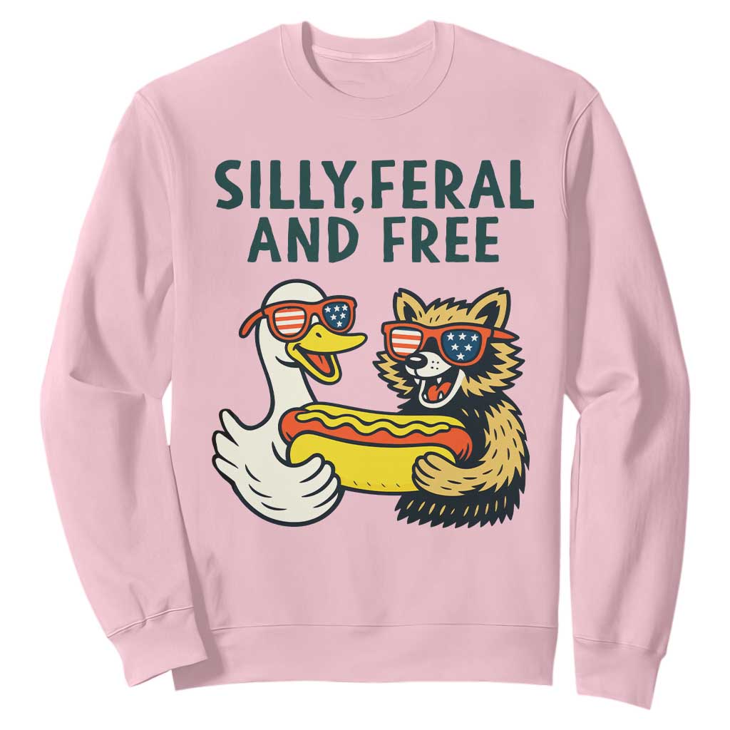 Silly Feral and Free Sweatshirt Funny Goose and Raccoon 4th of July Patriotic TS02 Light Pink Print Your Wear