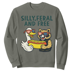 Silly Feral and Free Sweatshirt Funny Goose and Raccoon 4th of July Patriotic TS02 Military Green Print Your Wear