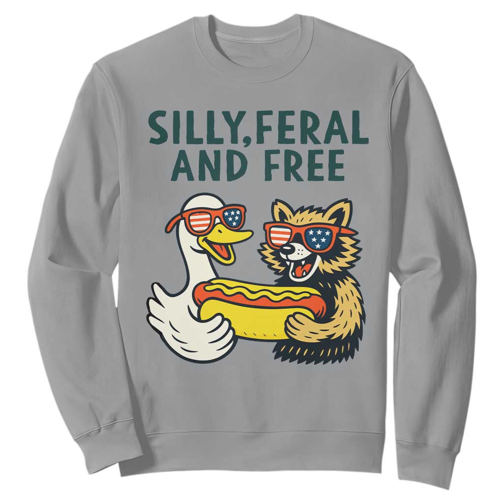 Silly Feral and Free Sweatshirt Funny Goose and Raccoon 4th of July Patriotic TS02 Sport Gray Print Your Wear