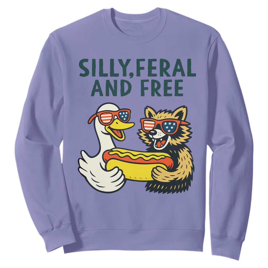 Silly Feral and Free Sweatshirt Funny Goose and Raccoon 4th of July Patriotic TS02 Violet Print Your Wear