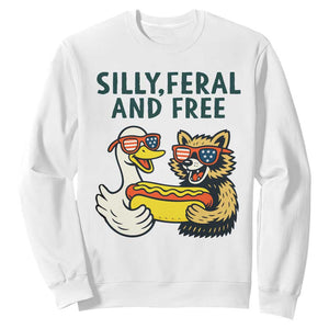 Silly Feral and Free Sweatshirt Funny Goose and Raccoon 4th of July Patriotic TS02 White Print Your Wear