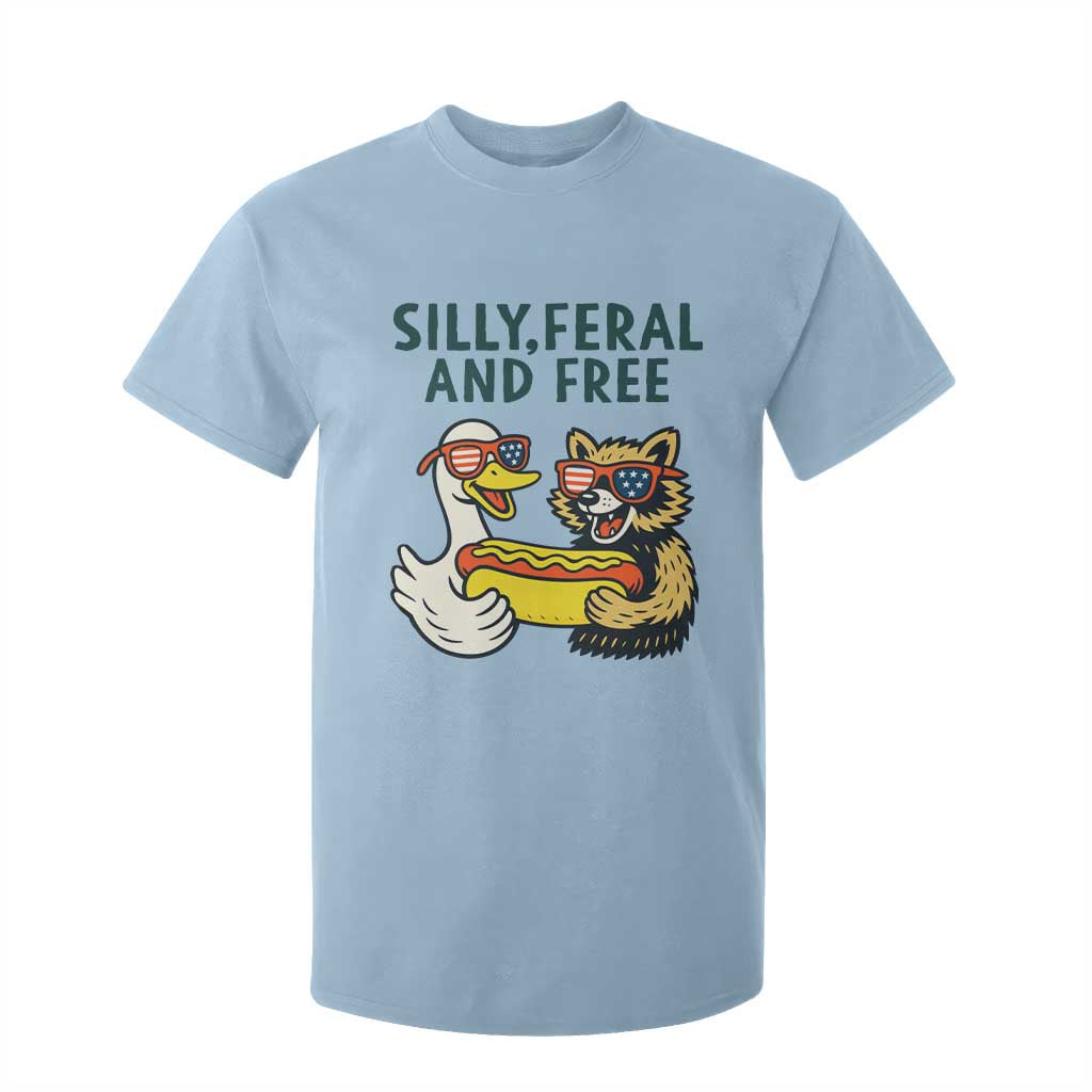 Silly Feral and Free T Shirt For Kid Funny Goose and Raccoon 4th of July Patriotic TS02 Light Blue Print Your Wear