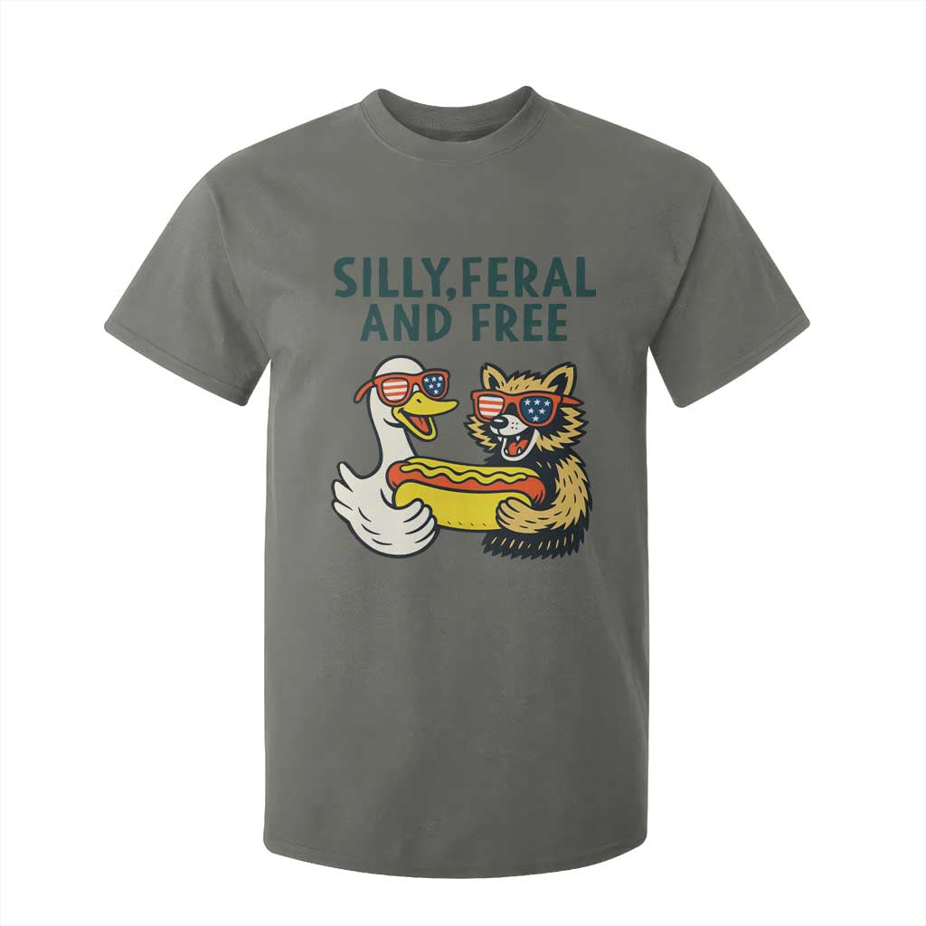 Silly Feral and Free T Shirt For Kid Funny Goose and Raccoon 4th of July Patriotic TS02 Military Green Print Your Wear
